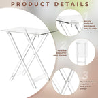 Feature breakdown of the acrylic foldable table, showing its easy-to-clean material, foldable storage, and tool-free setup