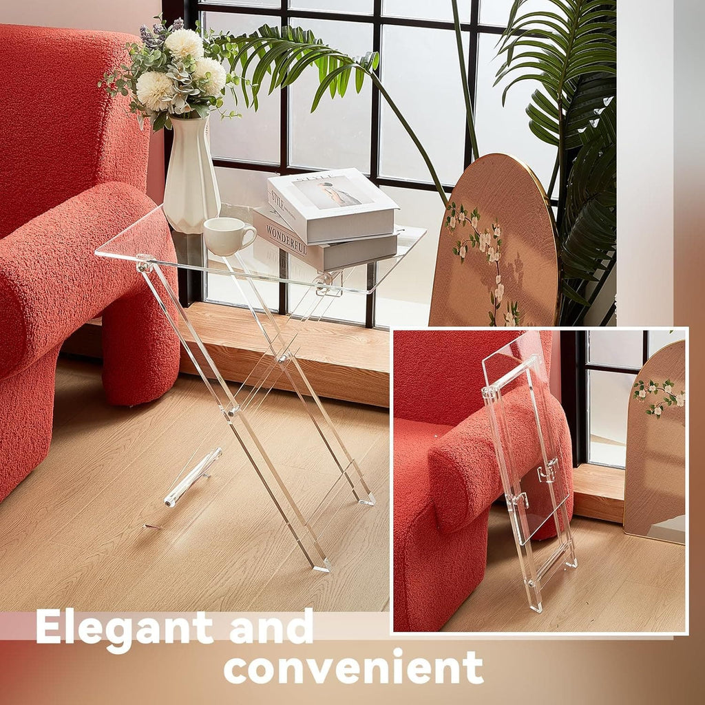 Acrylic foldable side table next to a red armchair, styled with books and a coffee cup, with an inset showing its folded, compact form