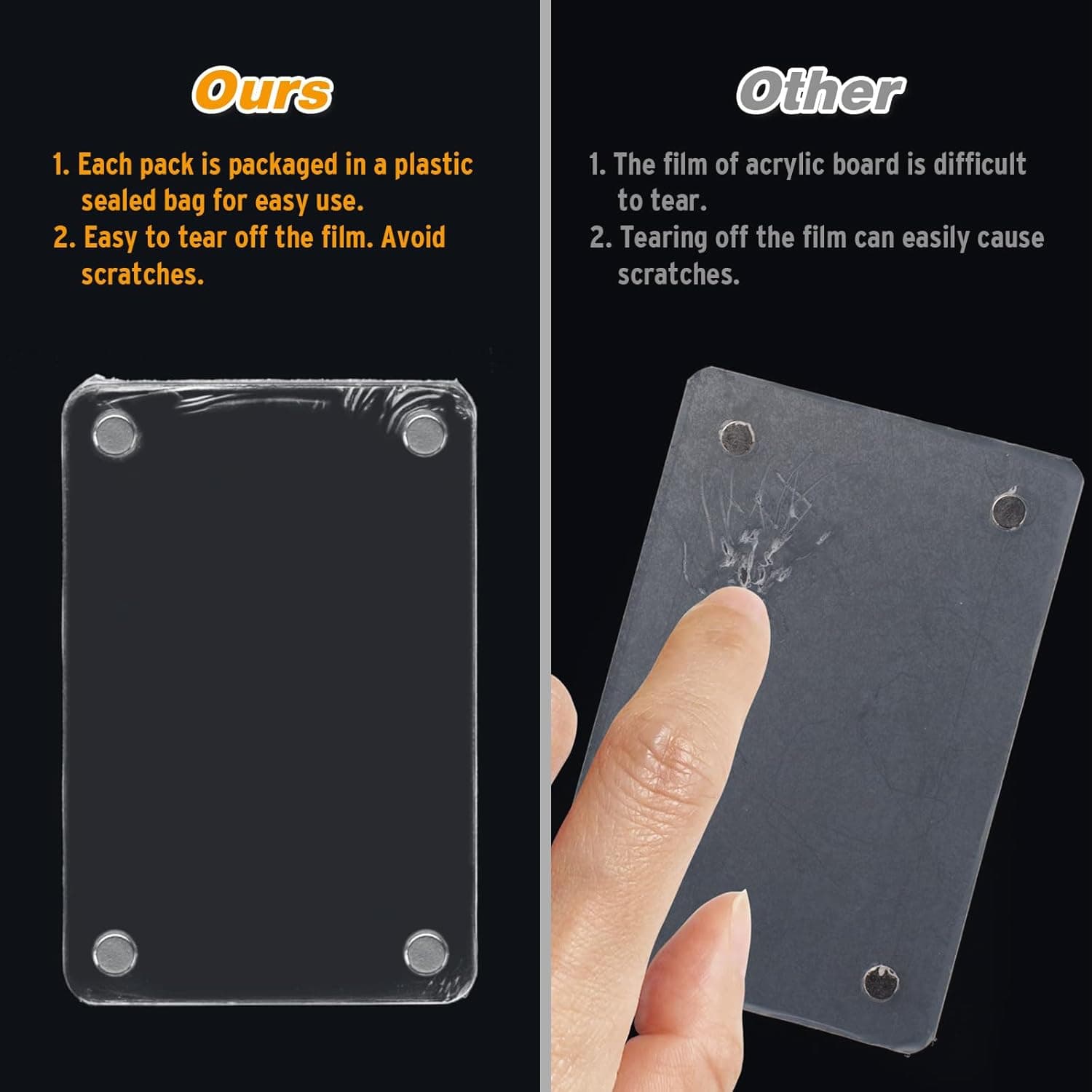 High-quality acrylic photo frames that won't turn yellow, holding various instant photos and displayed on an orange background