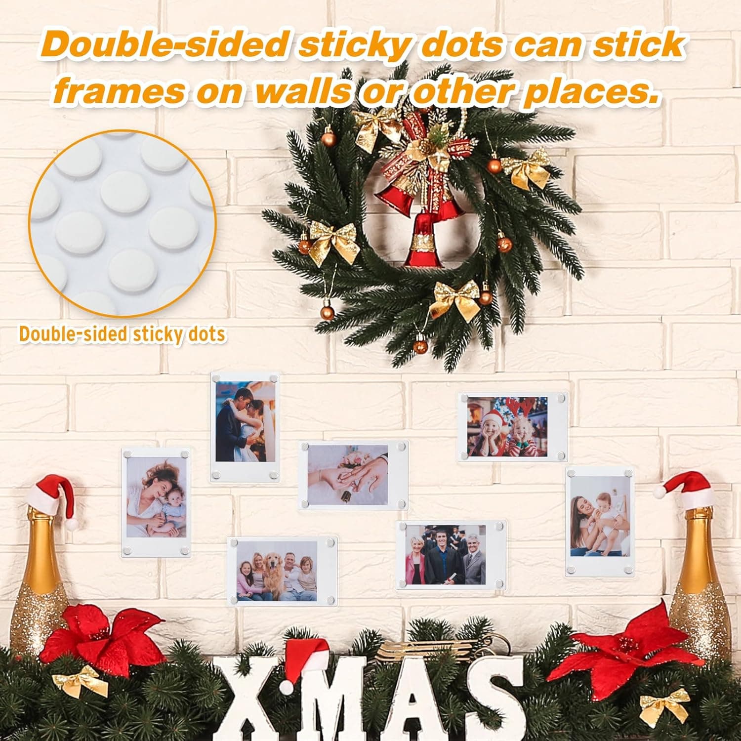 Acrylic photo frames stuck to a wall with double-sided sticky dots, arranged in a festive Christmas display with a wreath and holiday decorations