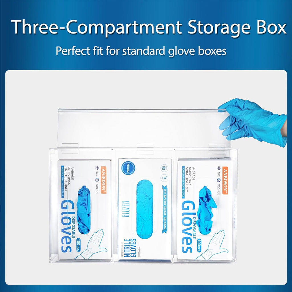 3-compartment acrylic glove dispenser with a lid, demonstrating fit for standard glove boxes