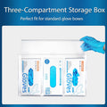 3-compartment acrylic glove dispenser with a lid, demonstrating fit for standard glove boxes