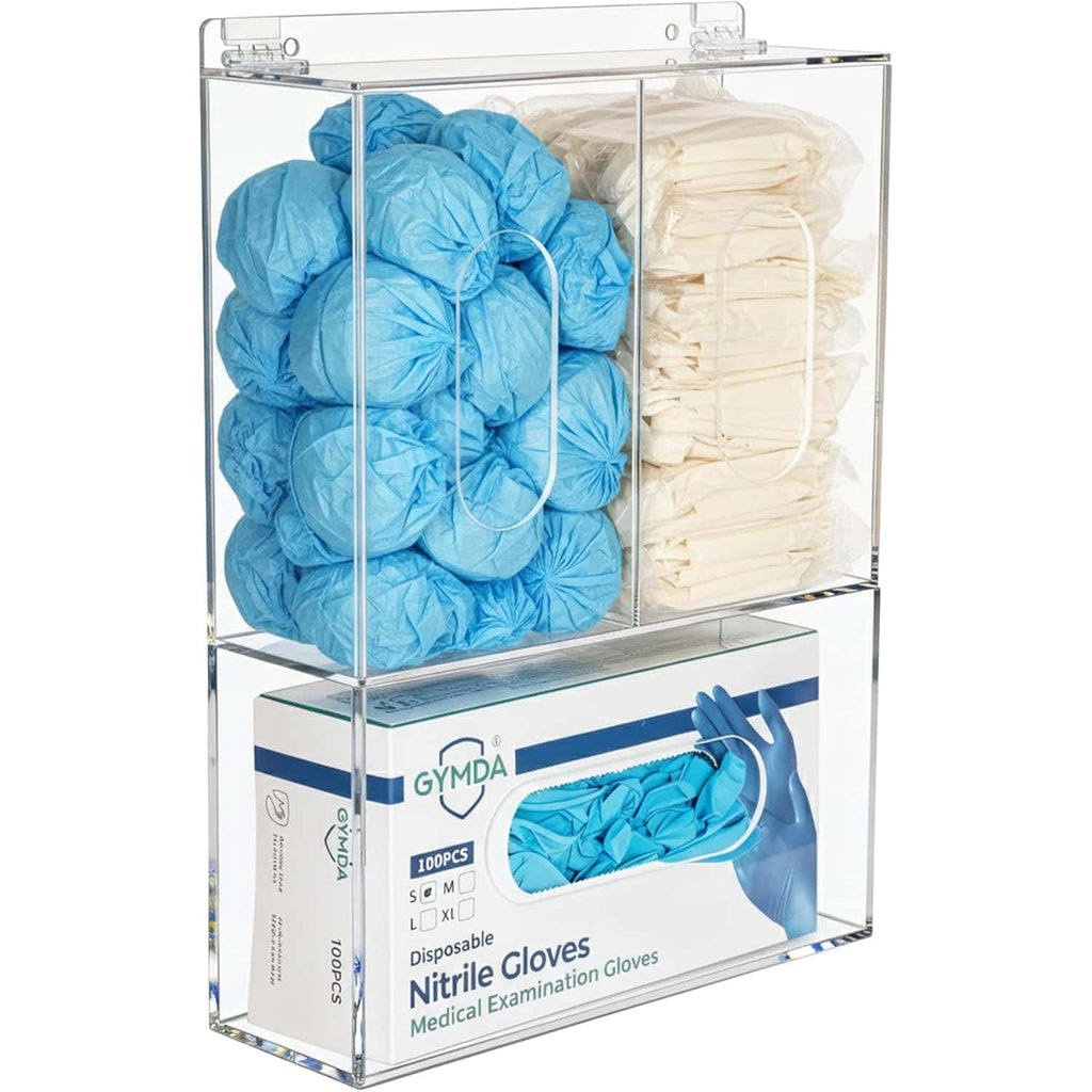3-compartment acrylic glove dispenser on a laboratory countertop, easy access for lab staff