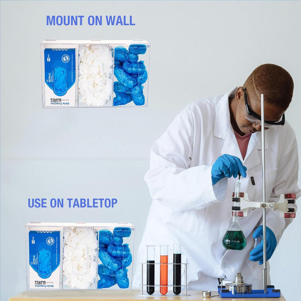 3-compartment acrylic glove dispenser wall-mounted and on a tabletop in a laboratory setting