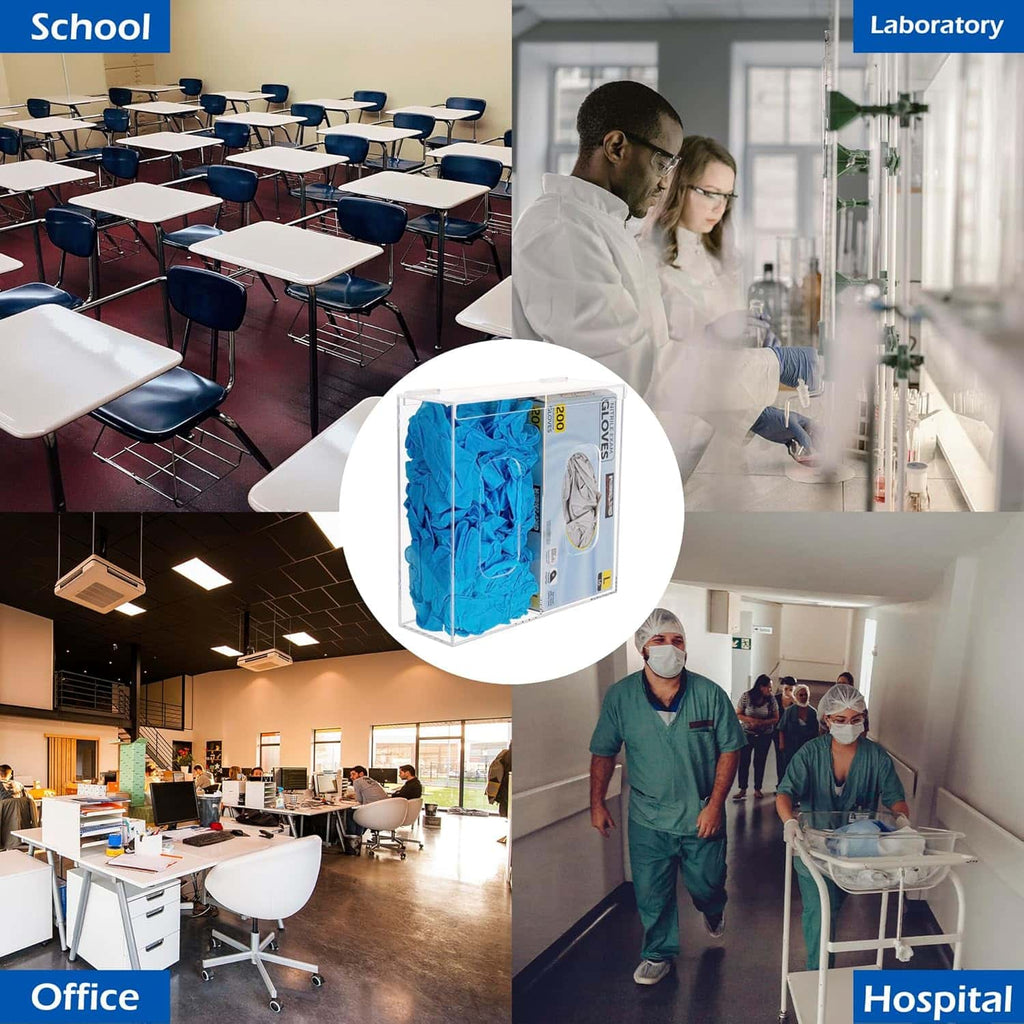 2-compartment acrylic dispenser shown in school, laboratory, office, and hospital settings