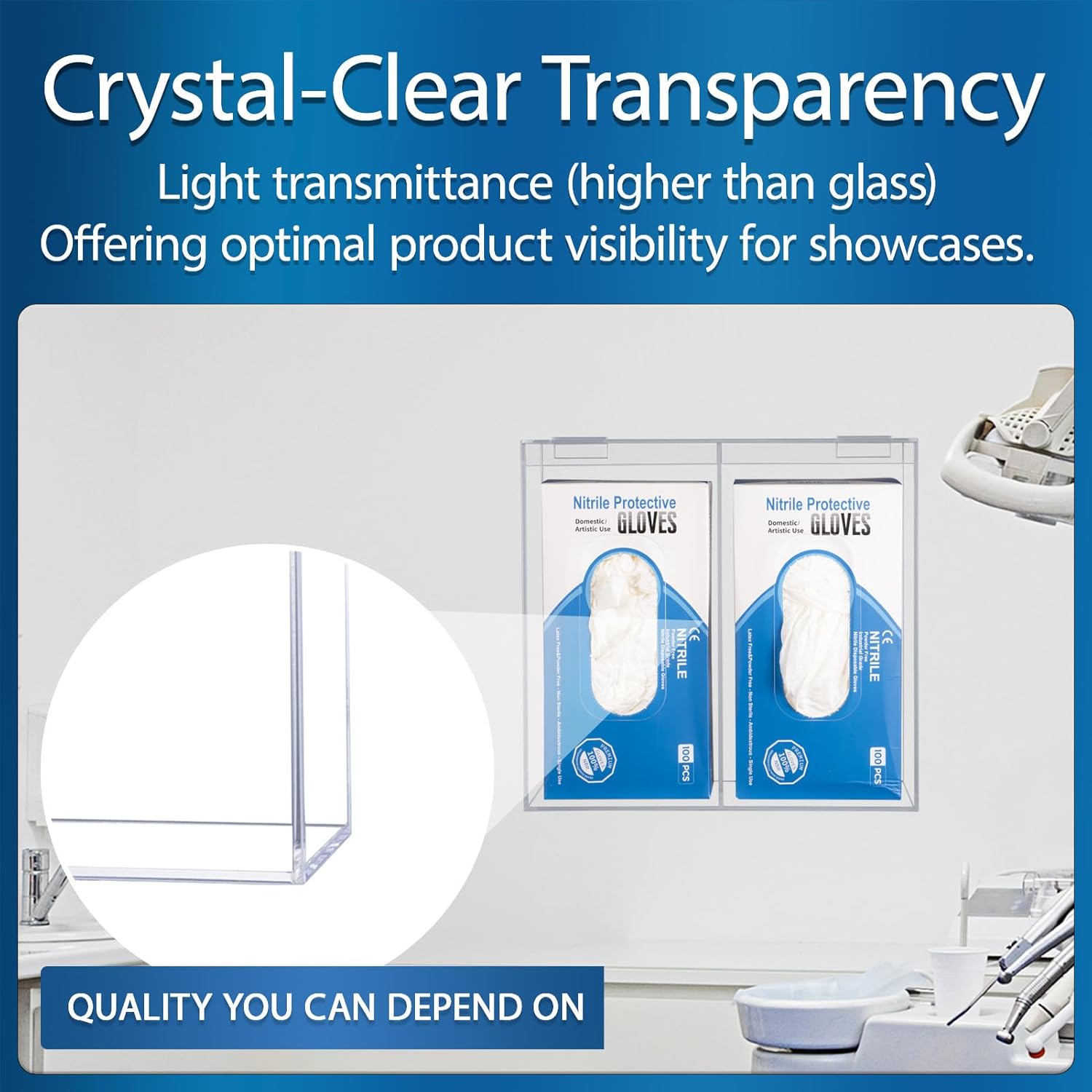 Wall-mounted 2-compartment acrylic dispenser in a medical clinic, highlighting crystal-clear visibility