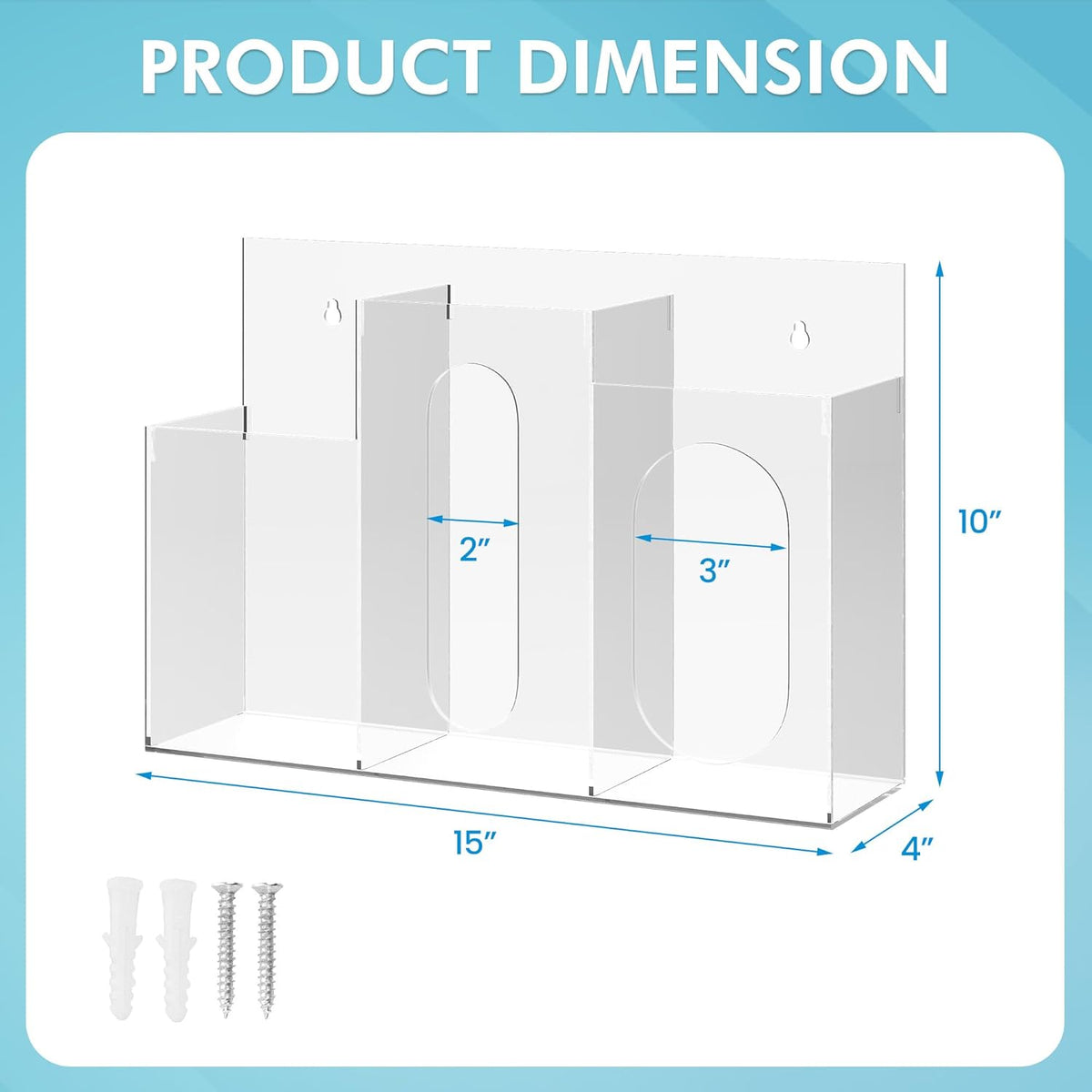 Acrylic hygiene station with dimensions (15" L x 4" W x 10" H) and compartment sizes (2" and 3")