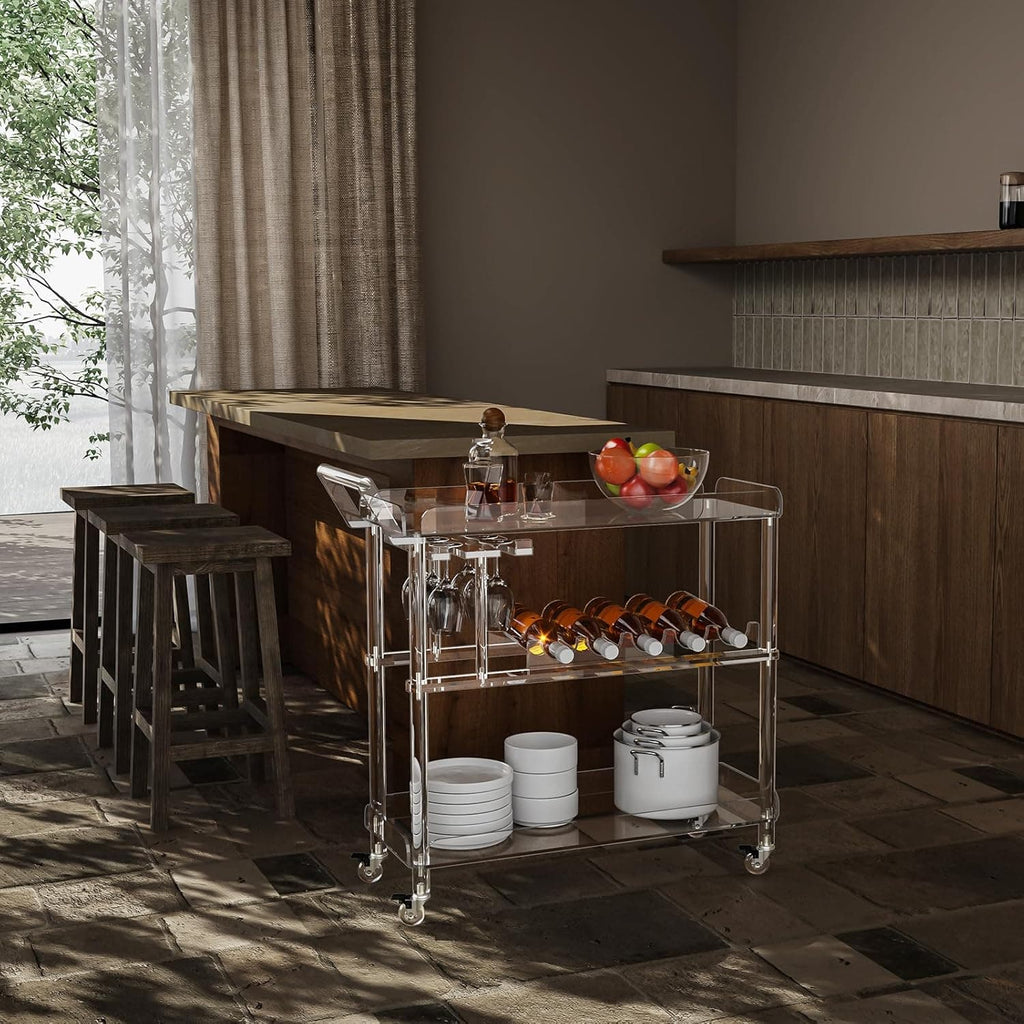 Acrylic serving cart in a modern kitchen, used to store tableware and drinks for easy entertaining