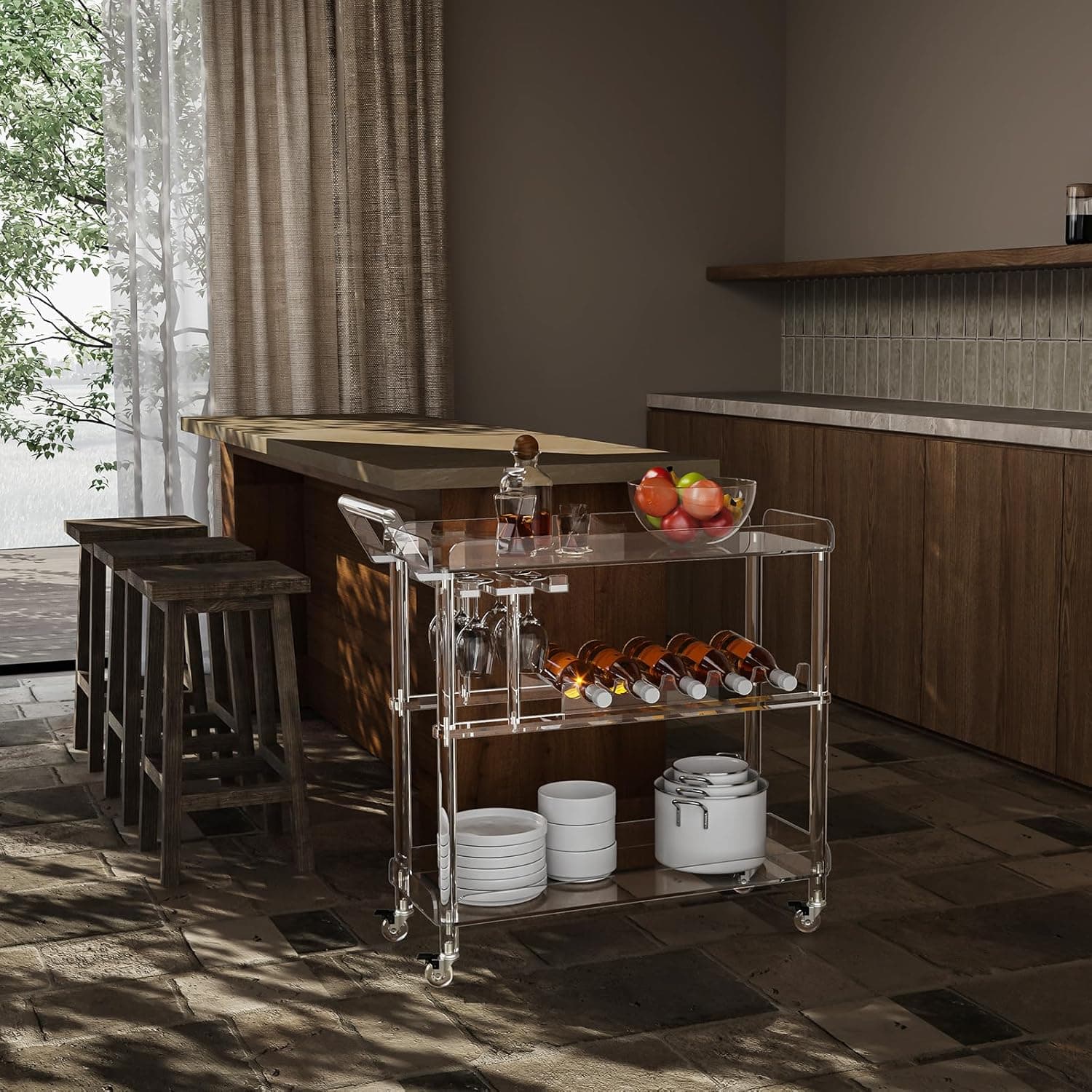 Acrylic serving cart in a modern kitchen, used to store tableware and drinks for easy entertaining