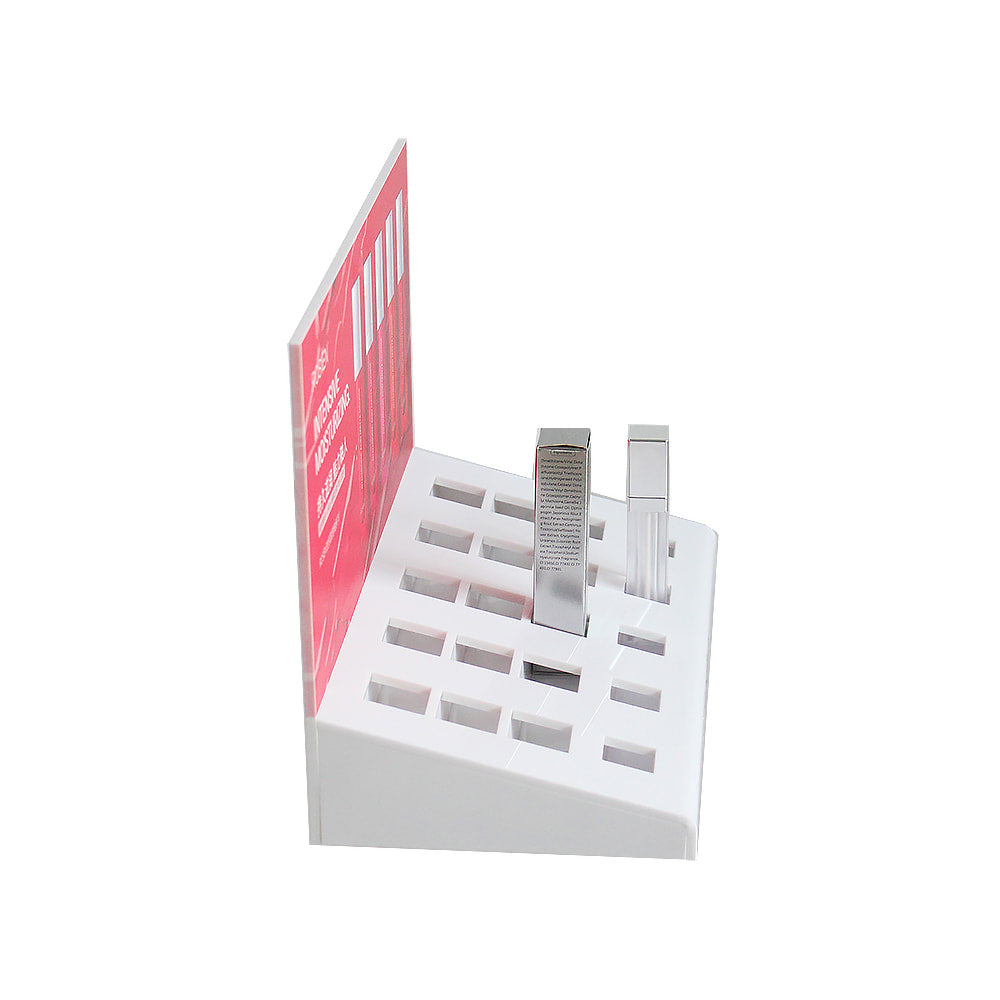 White acrylic lipstick display stand side view, custom printed logo cosmetic shelf for shop counter