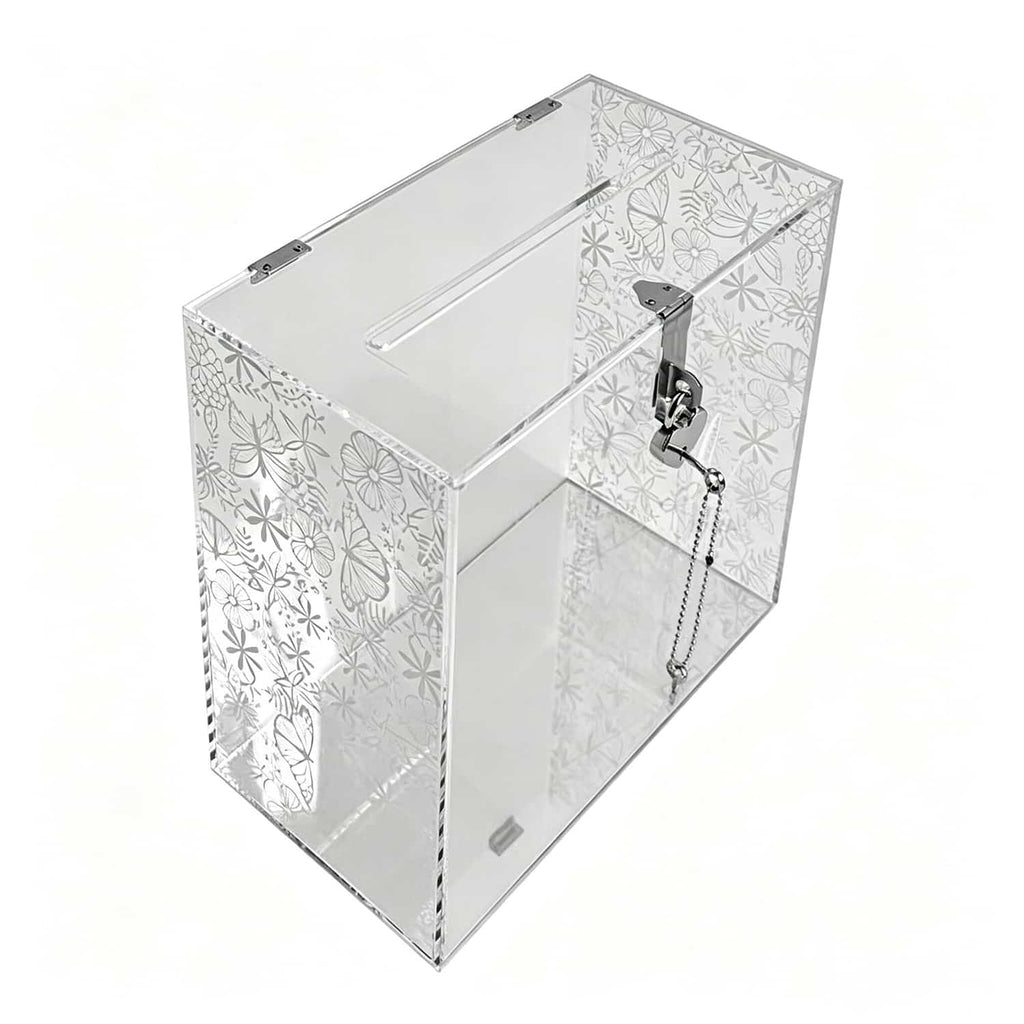 Clear acrylic suggestion box with hinged lid, heart lock and key chain, printed butterfly floral pattern, transparent donation card box