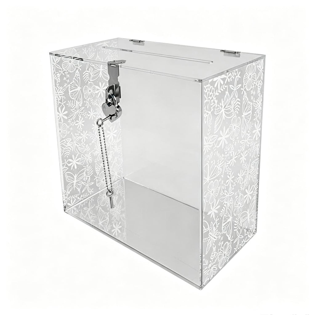 Acrylic ballot box with lock, white floral butterfly print on clear acrylic, top slot for cards and suggestions, wedding wish box