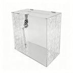 Acrylic ballot box with lock, white floral butterfly print on clear acrylic, top slot for cards and suggestions, wedding wish box