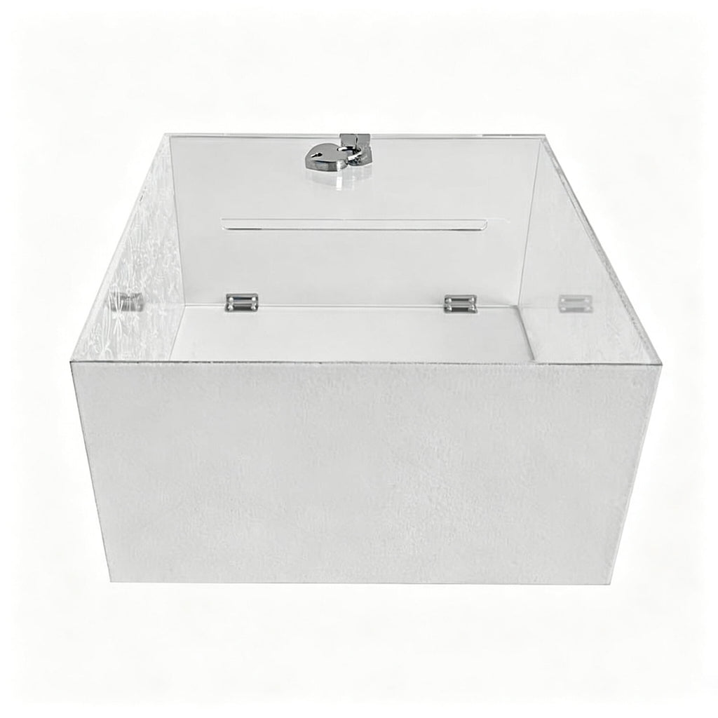 Open acrylic locked card box, engraved floral butterfly design, metal hinges, interior view of suggestion donation box