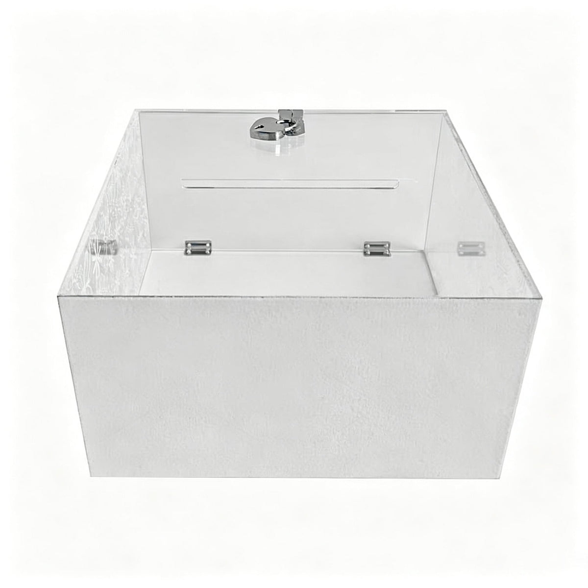 Open acrylic locked card box, engraved floral butterfly design, metal hinges, interior view of suggestion donation box