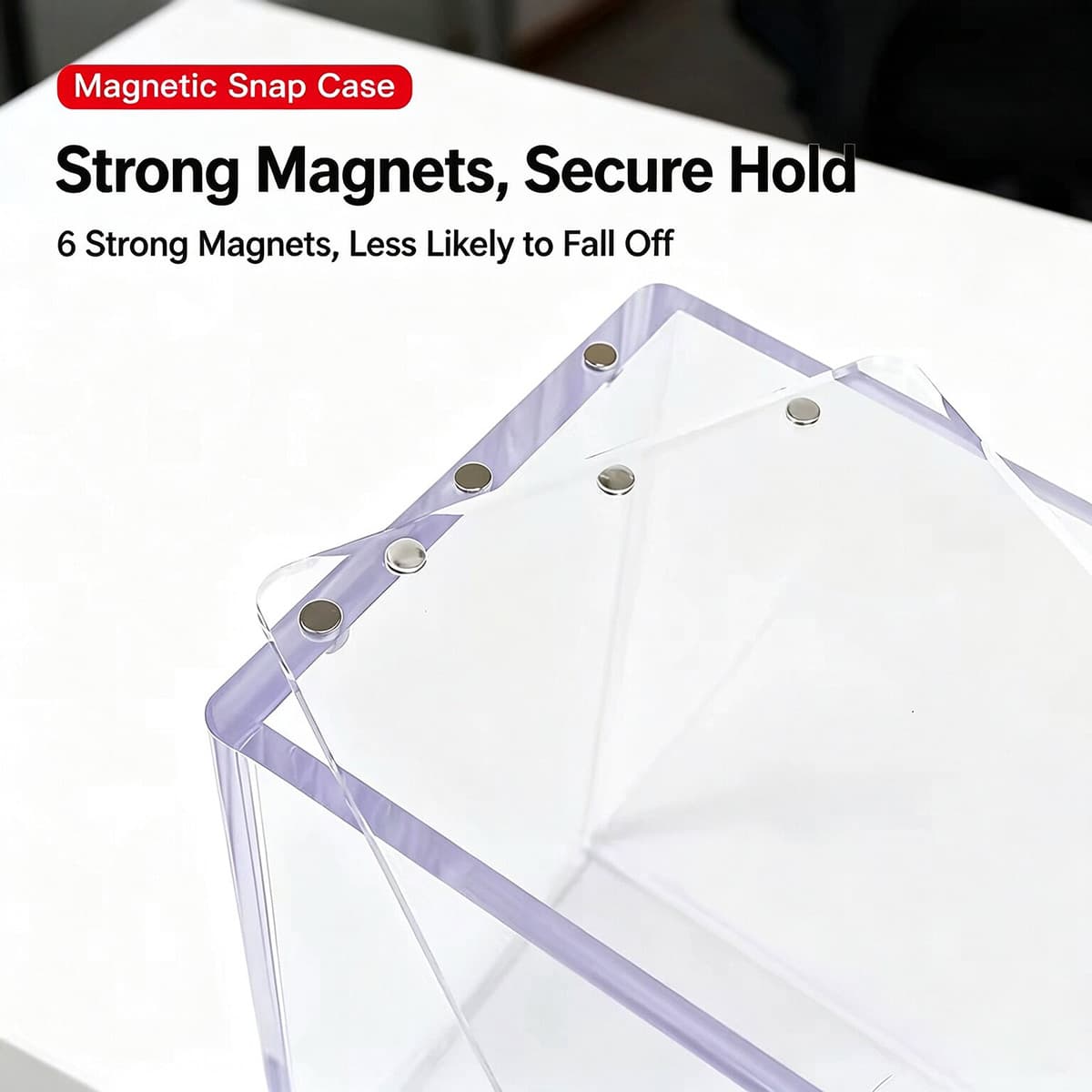Close-up of acrylic magnetic snap case, equipped with 6 strong magnets for secure closure