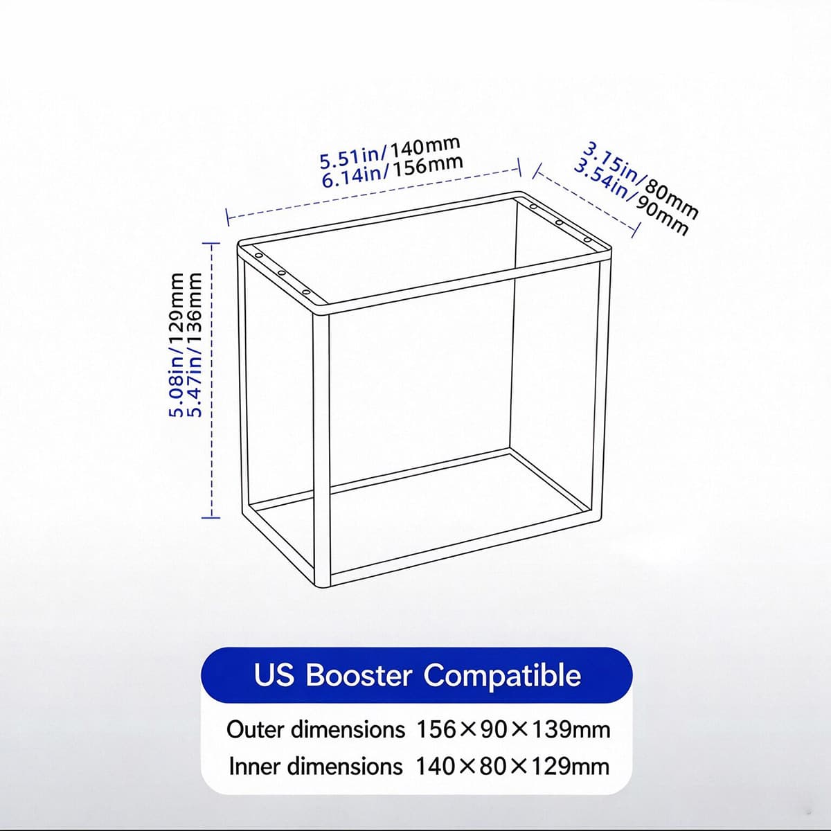 Acrylic magnetic display box dimension diagram, compatible with US Booster, inner and outer size marked