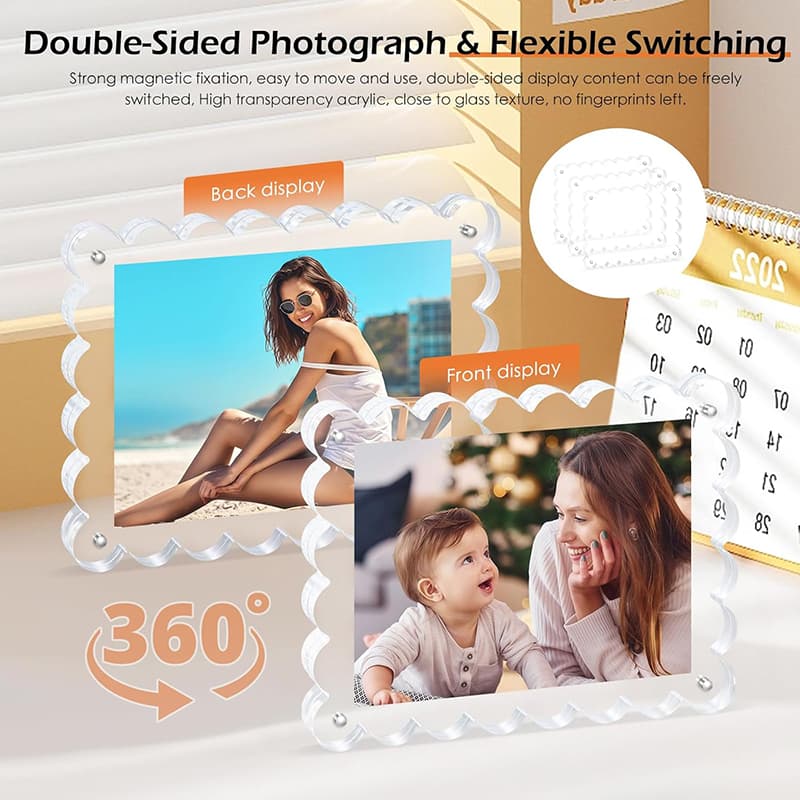 Dimension chart of Wavy Edge Clear Acrylic Magnetic Photo Frame, fits 4×6 inch photos with double-sided display capability