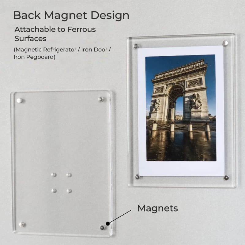 Back view of clear acrylic magnetic photo frame showing hidden magnets for metal surface mounting