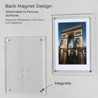 Back view of clear acrylic magnetic photo frame showing hidden magnets for metal surface mounting