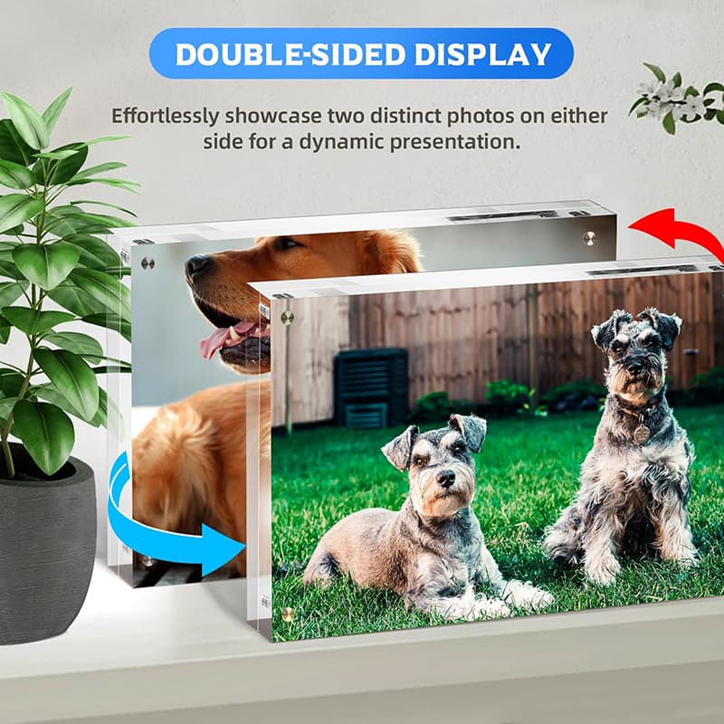 Double-sided Clear Acrylic Magnetic Photo Frame, showcasing two different dog photos on each side, allowing for dynamic and versatile display