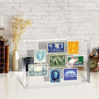 Clear Acrylic Magnetic Photo Frame used as a display case for vintage stamps, providing a sleek and dust-free way to showcase small collectibles