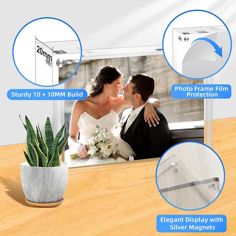 Sturdy 10+10mm Clear Acrylic Magnetic Photo Frame, featuring protective film and elegant silver magnets, displaying a wedding photo with a high-end finish