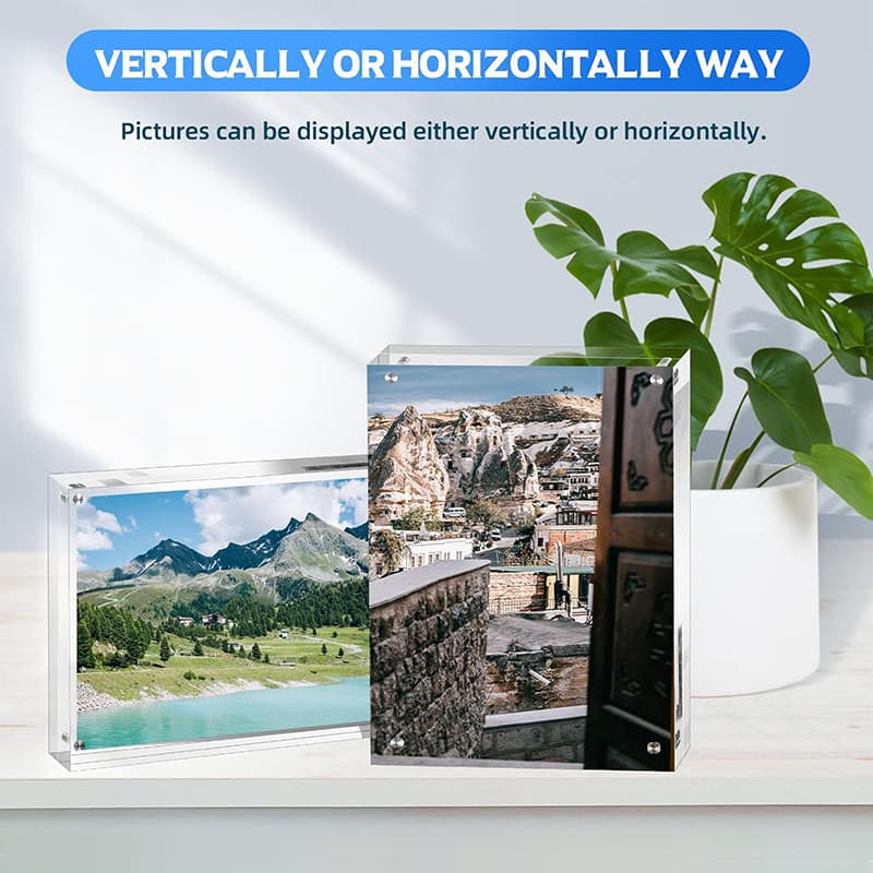 Clear Acrylic Magnetic Photo Frame, displayed both vertically and horizontally, showcasing landscape and travel photos for flexible home decor
