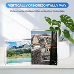 Clear Acrylic Magnetic Photo Frame, displayed both vertically and horizontally, showcasing landscape and travel photos for flexible home decor