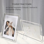 Clear acrylic magnetic photo frame standing vertically with a photo of a person and a cat