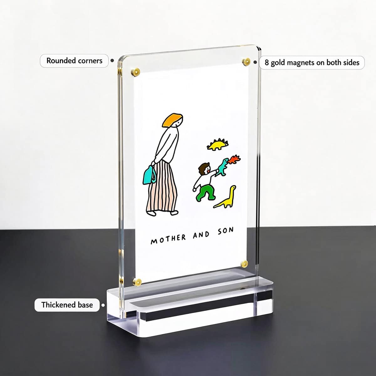 Acrylic magnetic photo frame with illustrated art card, rounded corners, thickened base, 8 gold magnets on both sides
