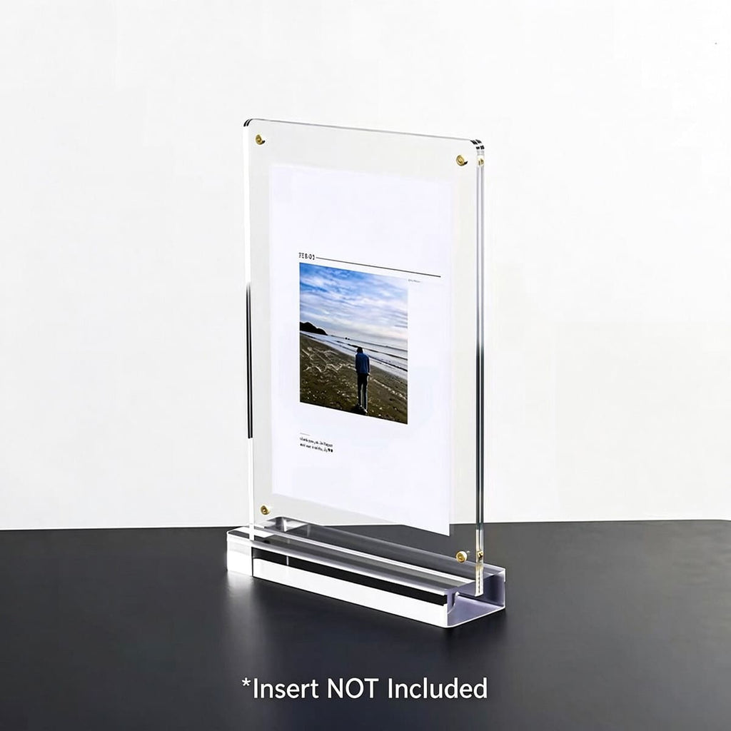 Vertical acrylic magnetic photo frame, single desktop display holder with photo insert, gold magnetic screws