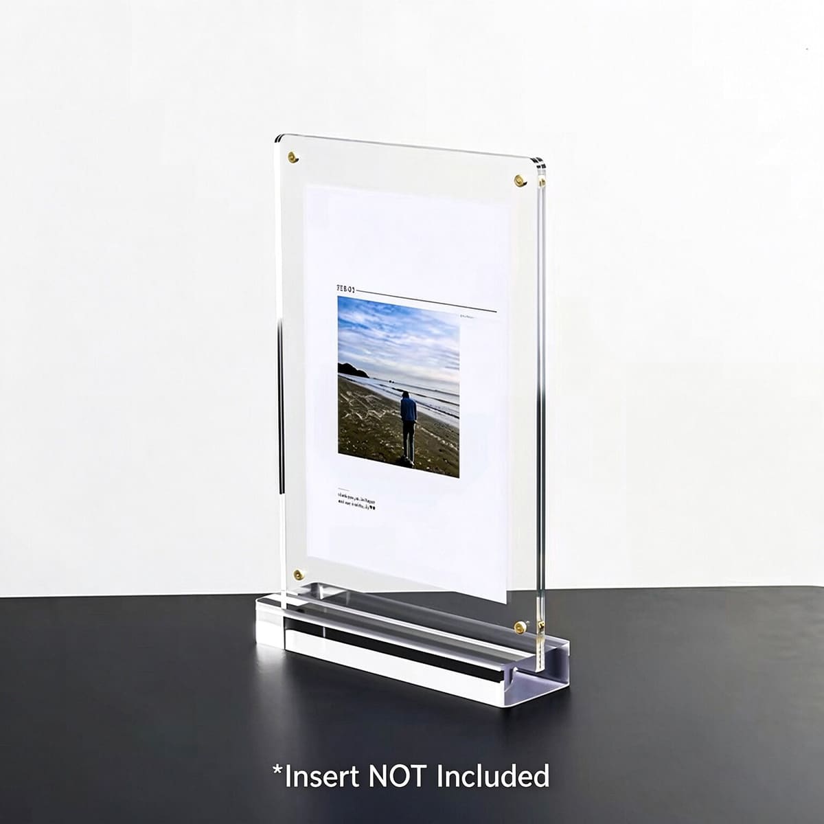 Vertical acrylic magnetic photo frame, single desktop display holder with photo insert, gold magnetic screws