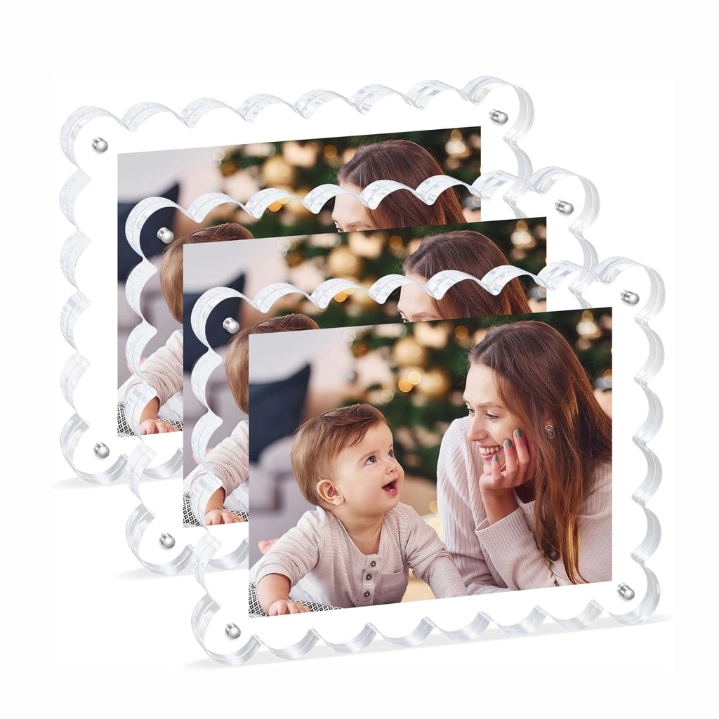 Dimension chart of Wavy Edge Clear Acrylic Magnetic Photo Frame, fits 3.4×2.1 inch photos, 0.8 inches thick for tabletop display