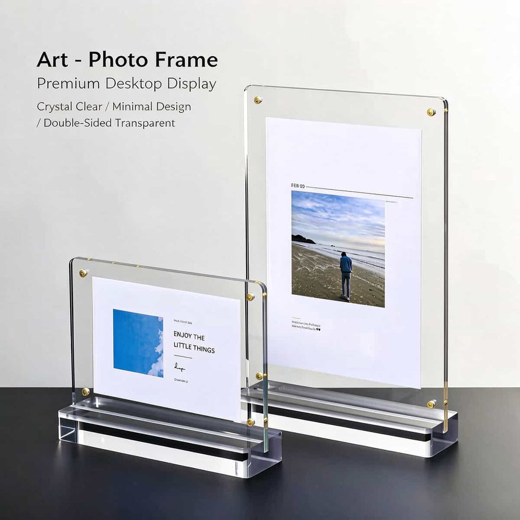 Art photo frame, premium desktop acrylic magnetic display frame, crystal clear double sided transparent, minimal design
