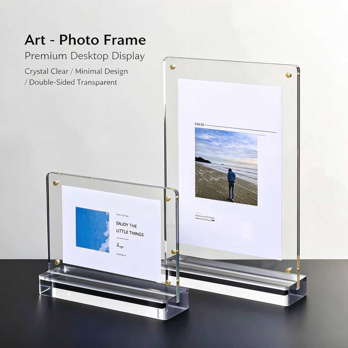 Art photo frame, premium desktop acrylic magnetic display frame, crystal clear double sided transparent, minimal design