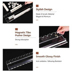 Infographic of acrylic mahjong rack features: stylish acrylic design, magnetic tile pusher, smooth glossy yellowing-resistant finish