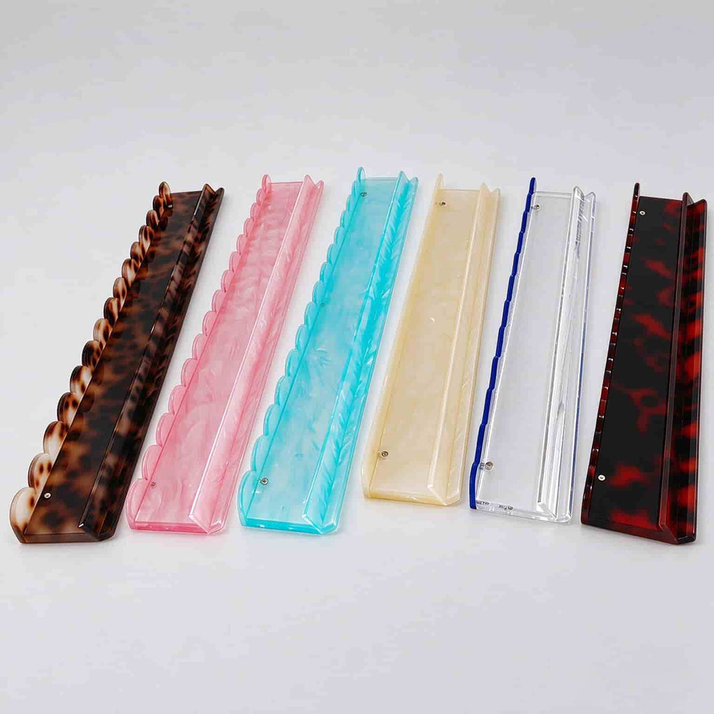 Multi color acrylic mahjong rack collection, scalloped edge mahjong tile racks in tortoise shell and pearl finish