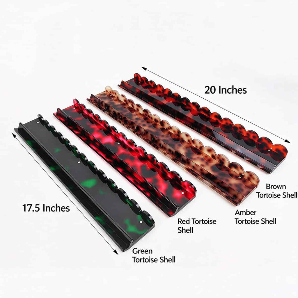 Tortoise shell acrylic mahjong rack size chart, 17.5 inch and 20 inch scalloped mahjong tile tray