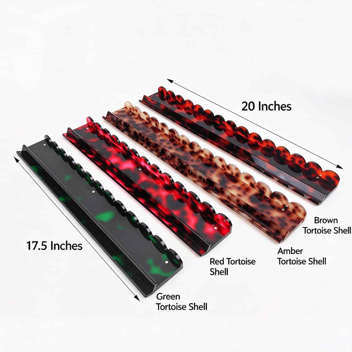 Tortoise shell acrylic mahjong rack size chart, 17.5 inch and 20 inch scalloped mahjong tile tray