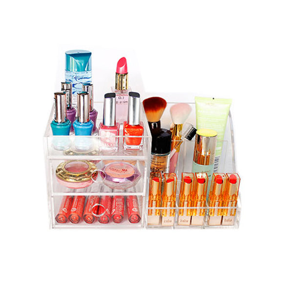 Clear acrylic makeup organizer with drawers, cosmetic storage holder for lipstick, brushes and skincare