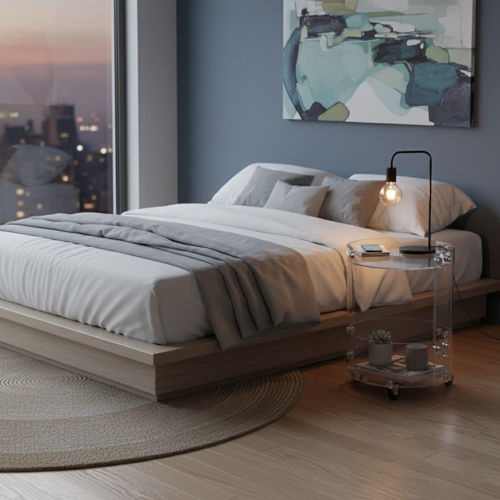 Clear acrylic rolling nightstand in a bedroom setting, paired with a modern bed and city view for a luxurious, airy feel