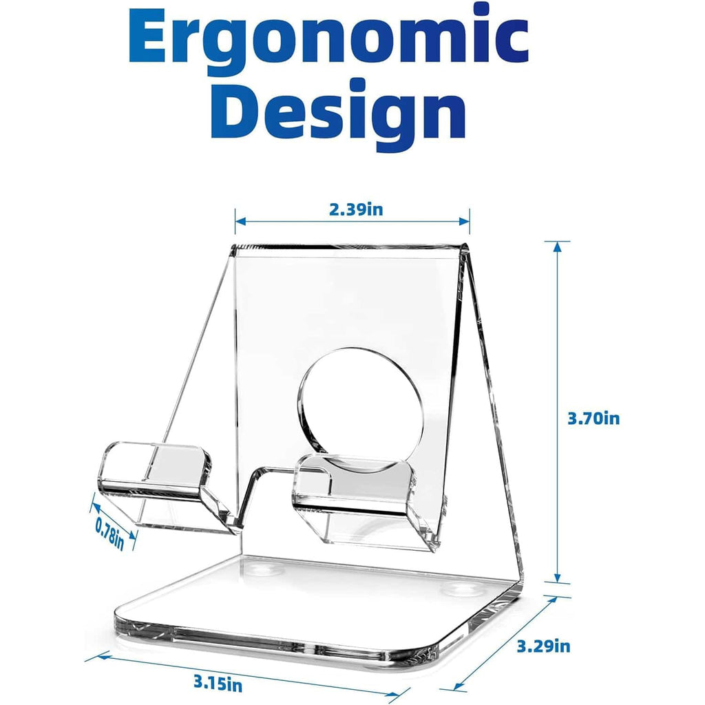 Clear acrylic phone stand with ergonomic design and size specifications: 3.7"H × 3.15"L × 3.29"W