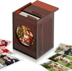 Acrylic photo box with a family photo in the window, surrounded by various instant photos (wedding, pet, graduation) to show compatibility