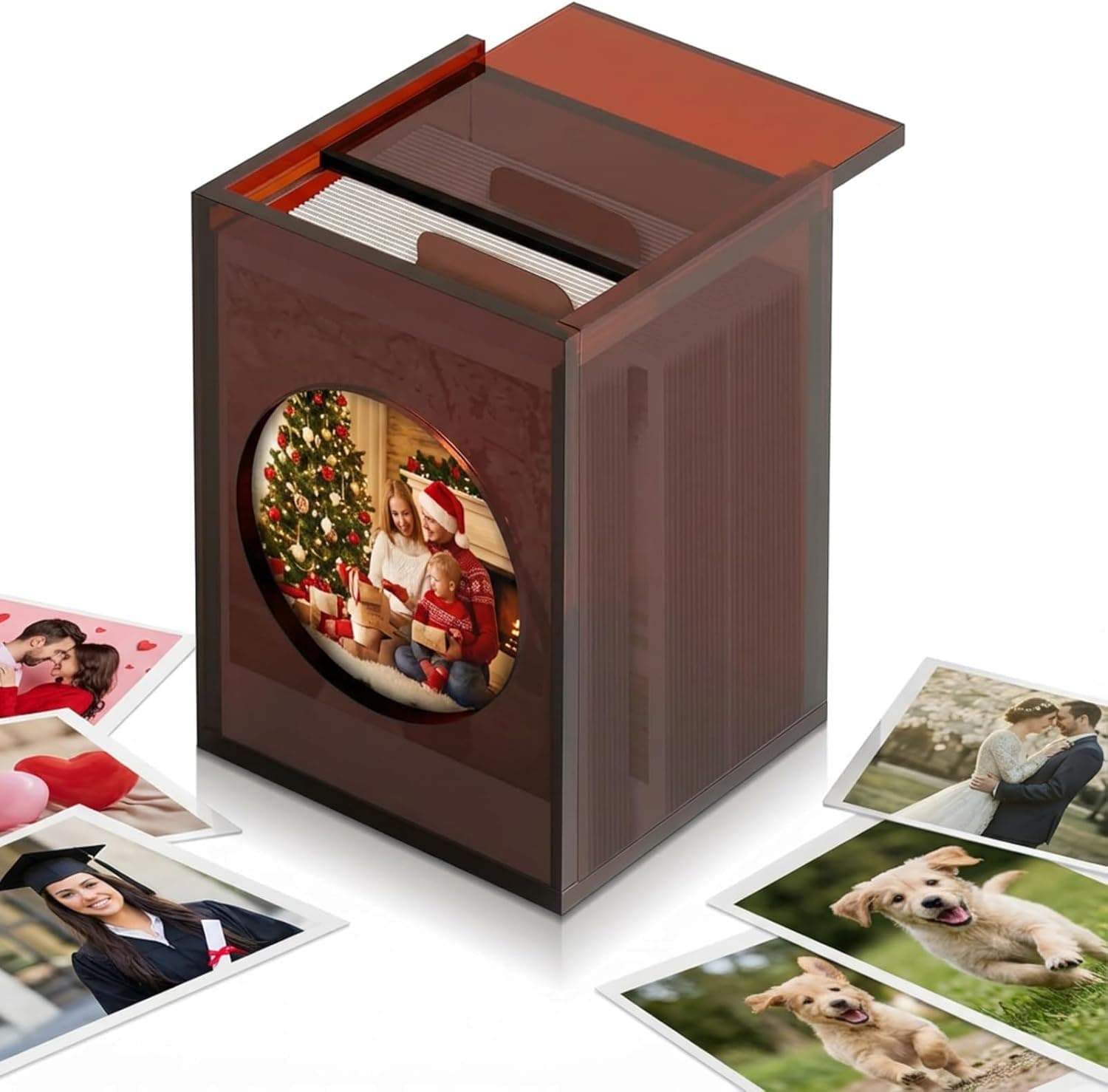 Acrylic photo box with a family photo in the window, surrounded by various instant photos (wedding, pet, graduation) to show compatibility