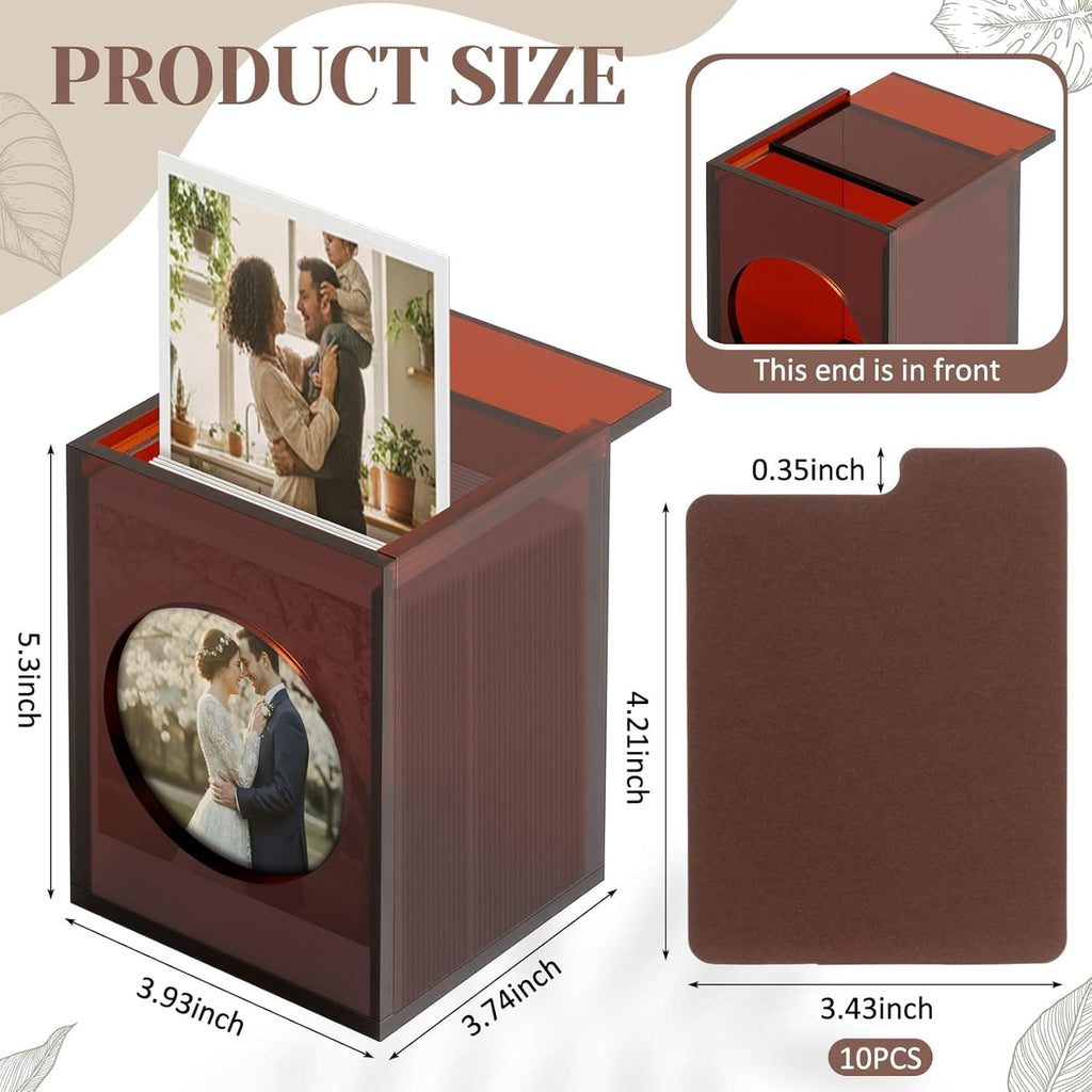 Product size details of the acrylic photo box: 5.31x3.93x3.74 inches, with 10 included photo cards (4.21x3.43x0.35 inches)