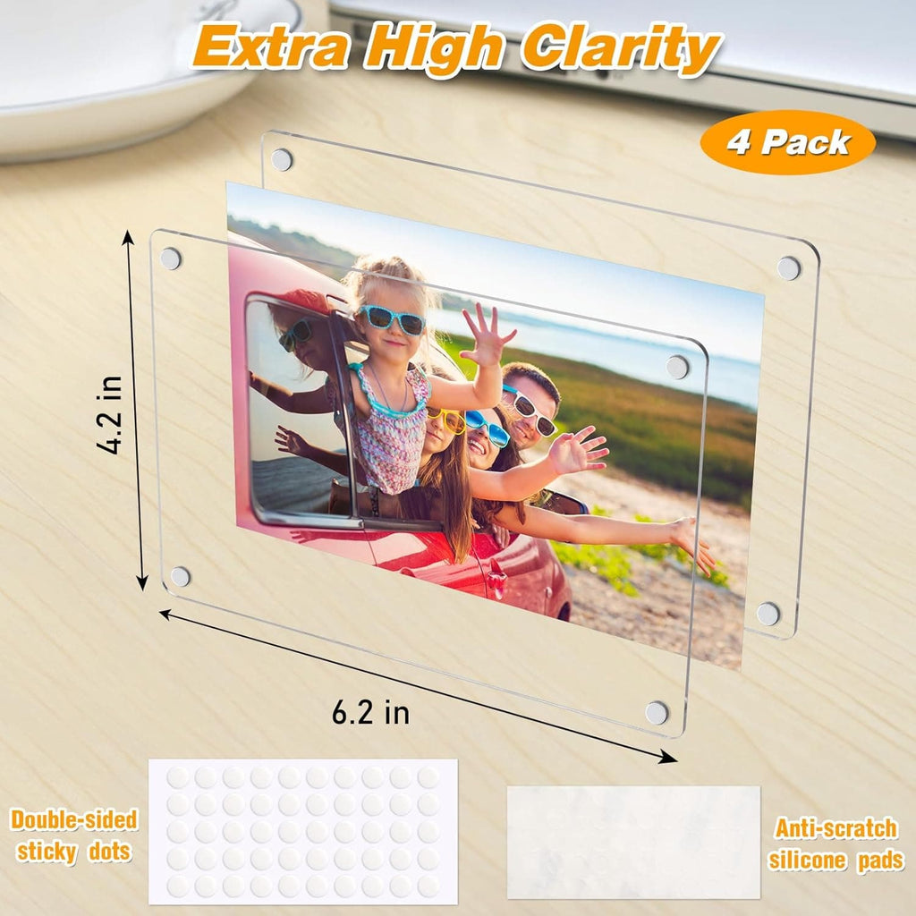 4-pack of extra high clarity acrylic photo frames, measuring 6.2 x 4.2 inches, comes with double-sided sticky dots and anti-scratch silicone pads