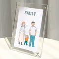 Clear acrylic magnetic photo frame (tabletop) displaying a hand-drawn "FAMILY" illustration