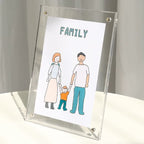 Clear acrylic magnetic photo frame (tabletop) displaying a hand-drawn "FAMILY" illustration
