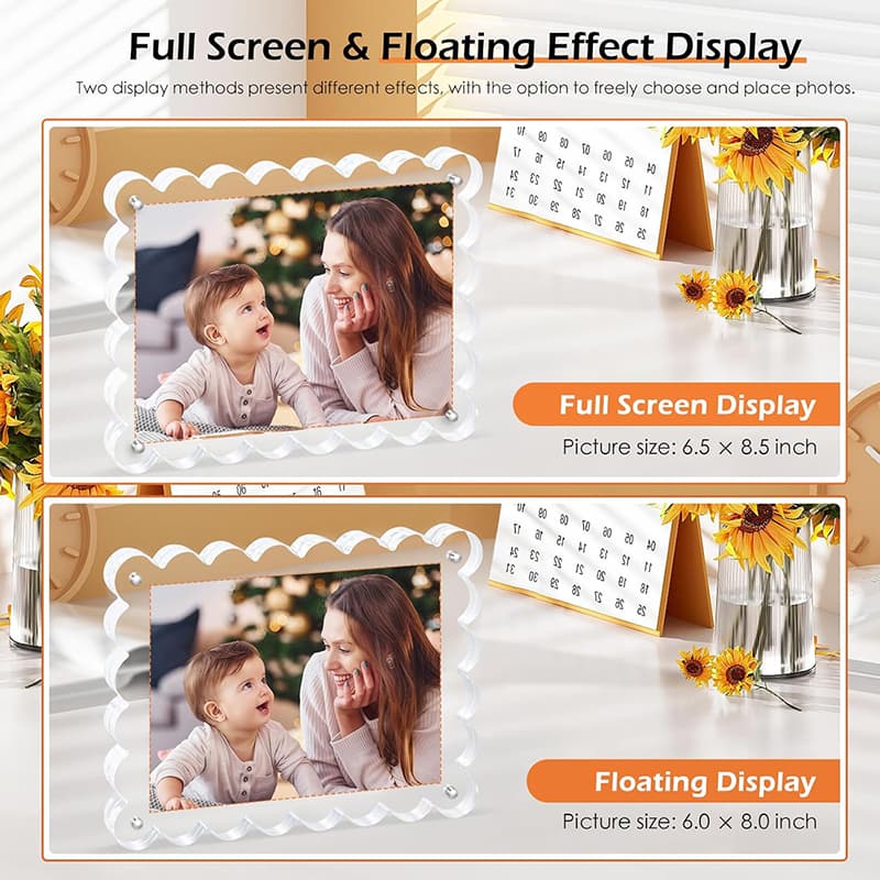 Dimension chart of Wavy Edge Clear Acrylic Magnetic Photo Frame, fits 8×11 inch photos with 15+15mm thick, stable base for large-format display